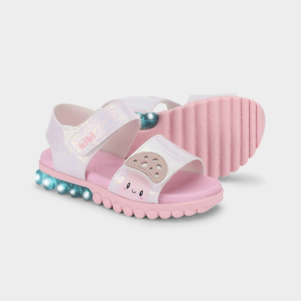 Sandália Infantil de Luz Bibi Summer Roller Light Branca com Brilhos de Cogumelo