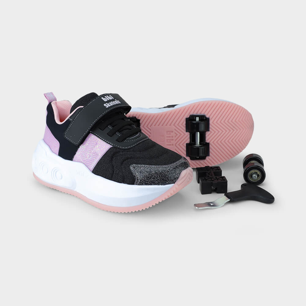 Tênis de Rodinhas Infantil Bibi Skatenis Preto e Lilás com Glitter